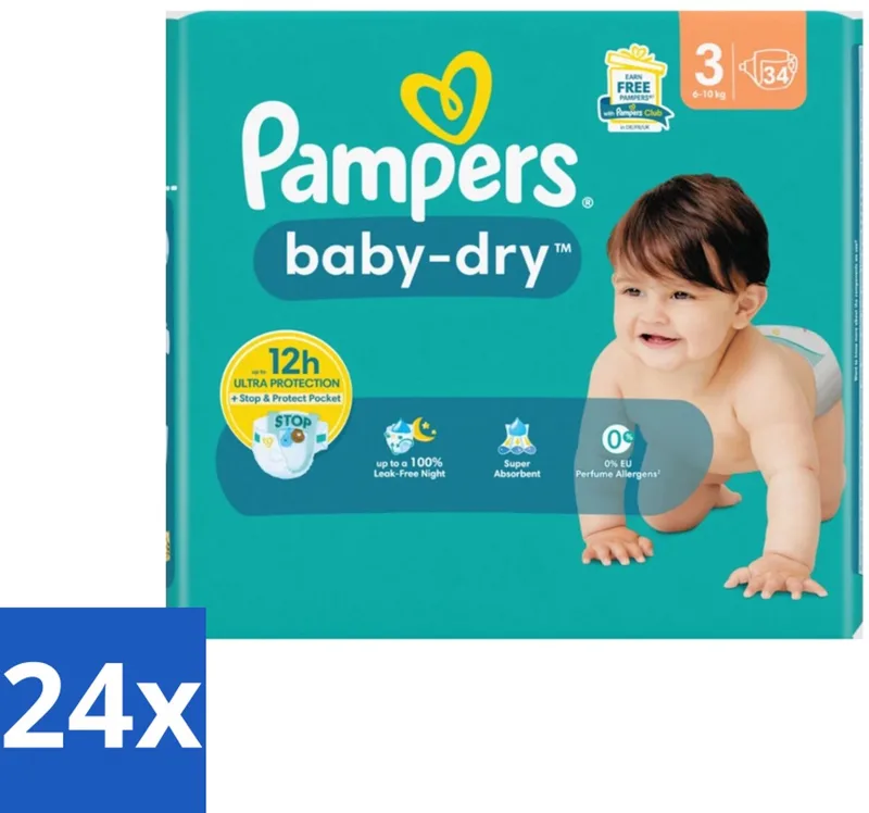 24 x Pampers – Luiers – Baby-Dry Maat 3 (6-10 kg) – 34 Luiers - Babyluier - Babydouche - Droge Luier - Luier Voor Baby - Luier 3 Kg de Pampers – photo produit