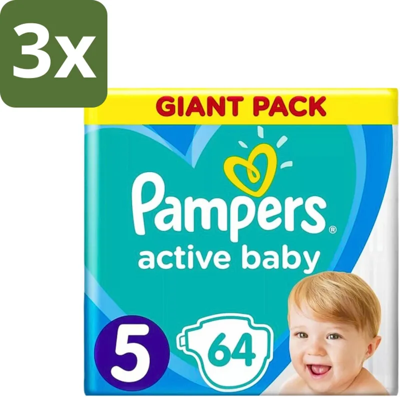 3 x Pampers - Active Baby - Luiers - Maat 5 (11-16 kg) - Zachte Pasvorm - 64 Luiers - Luiers Voor Baby - Droge Huid - Luchtdoorlatende Banen - Absoluut Droge Nacht - Dermatologisch Getest by Pampers – product photo