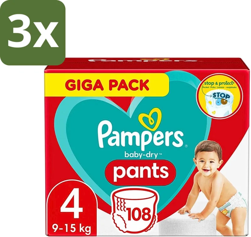 3 x Pampers - Baby-Dry Pants - Luierbroekjes - Maat 4 (9-15 kg) - Comfort Fit - 108 Luiers - Baby Luier - Baby Droge Huid - Baby Luierbroek - Baby Luier 4 Kg - Snel Verschonen by Pampers – product photo