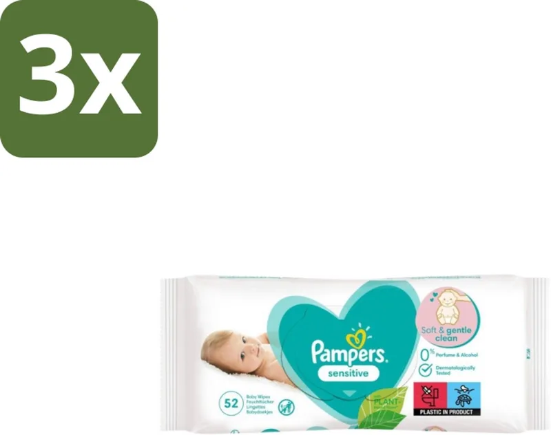 3 x Pampers – Babydoekjes – Sensitive – 52 Doekjes - Babydoekjes - Gevoelige Huid - Pasgeboren Baby - Zachte Reiniging - Soft Grip Texture van Pampers – productfoto