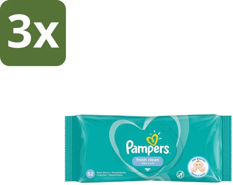 3 x Pampers – Billendoekjes – Fresh Clean – 52 Doekjes - Baby Billendoekjes - Billetjes Reinigen - Huidbescherming - Frisse Geur - Plantaardige Vezels van Pampers – productfoto