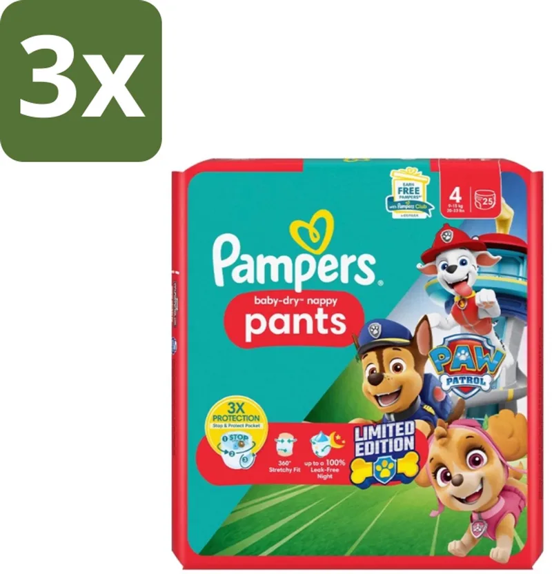 3 x Pampers – Luierbroekjes – Baby Dry Pants Paw Patrol Maat 4 – 25 Luiers - Baby Luier - Luierbroek - Droge Luier - Luier Voor Baby - Luier Met Paw Patrol fra Pampers – produktbillede