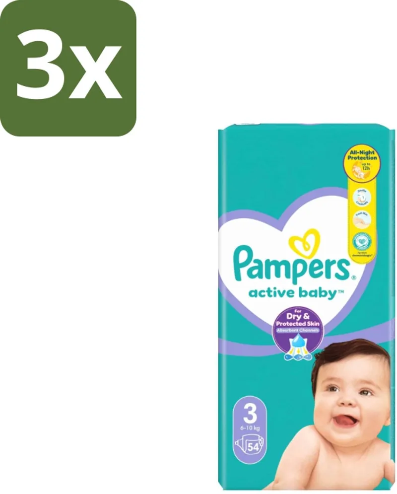 3 x Pampers – Luiers – Active Baby Maat 3 – 54 Luiers - Baby Luiers - Droge Nacht - Luchtdoorlatende Luier - Vocht Absorberend - Dermatologisch Getest by Pampers – product photo
