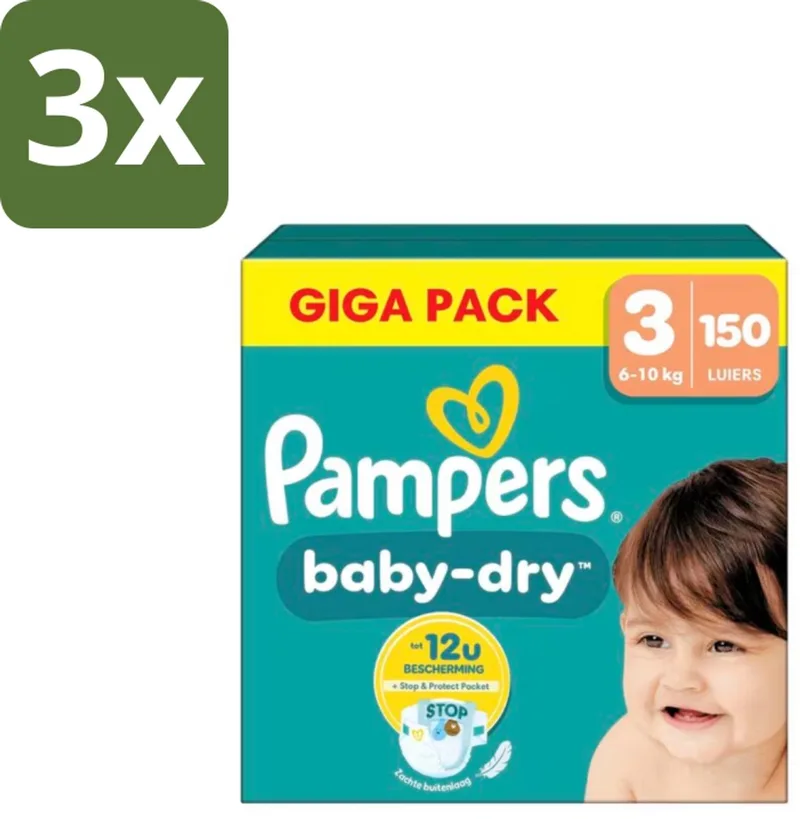 3 x Pampers – Luiers – Baby Dry Maat 3 – 150 Luiers - Baby-dry Luiers - Lekken Voorkomen - Droge Nachten - Comfortabele Luiers - Stop En Bescherm Pocket by Pampers – product photo
