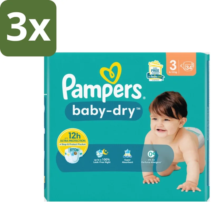 3 x Pampers – Luiers – Baby-Dry Maat 3 (6-10 kg) – 34 Luiers - Babyluier - Babydouche - Droge Luier - Luier Voor Baby - Luier 3 Kg by Pampers – product photo