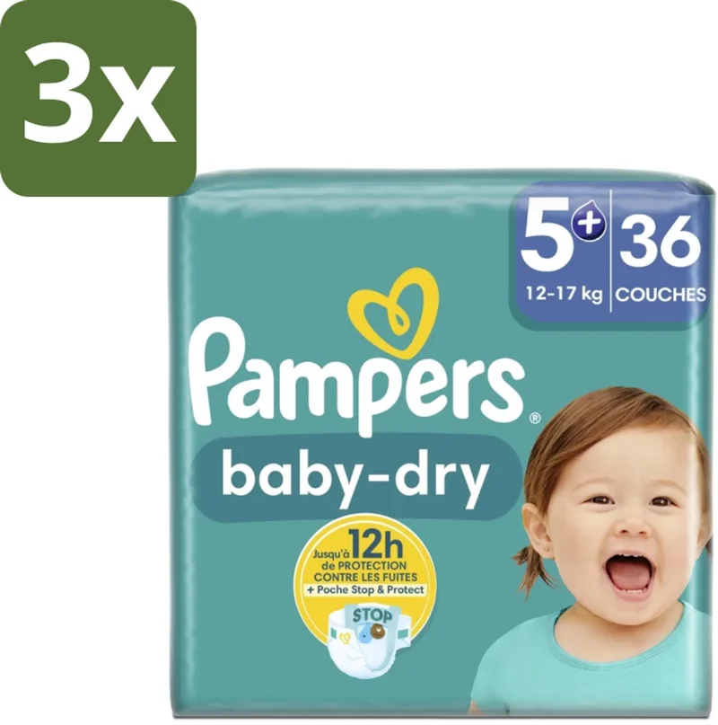 3 x Pampers – Luiers – Baby-Dry Maat 5+ (12-17 kg) – 36 Luiers - Baby-luiers - Droge Huid - Droge Luiers - Baby Droogheid - Droge Luier by Pampers – product photo