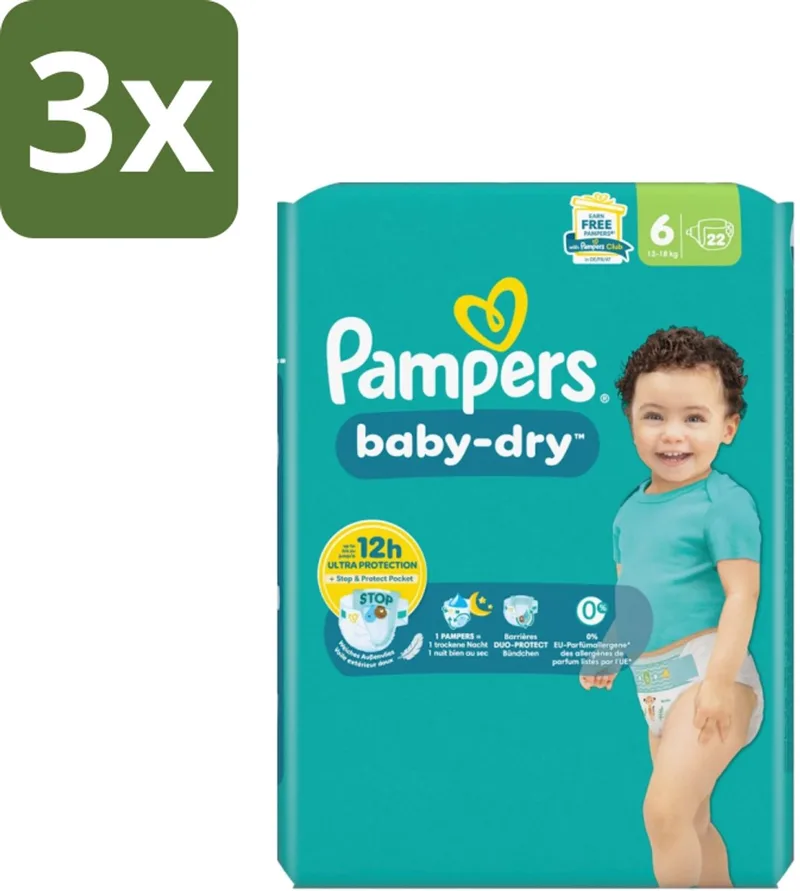 3 x Pampers – Luiers – Baby Dry Maat 6 – 22 Luiers - Baby Luier - Droge Luier - Luier Voor Baby - Luier Maat 6 - Lekbescherming by Pampers – product photo