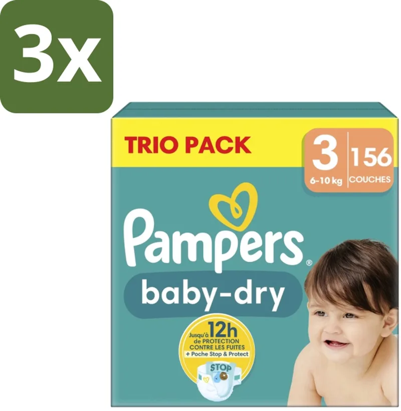 3 x Pampers – Luiers – Baby-Dry Trio Pack Maat 3 (6-10 kg) – 156 Luiers - Baby Luiers - Droge Luiers - Anti-lek Luiers - Baby Droogheid - Nachtluier de Pampers – photo produit