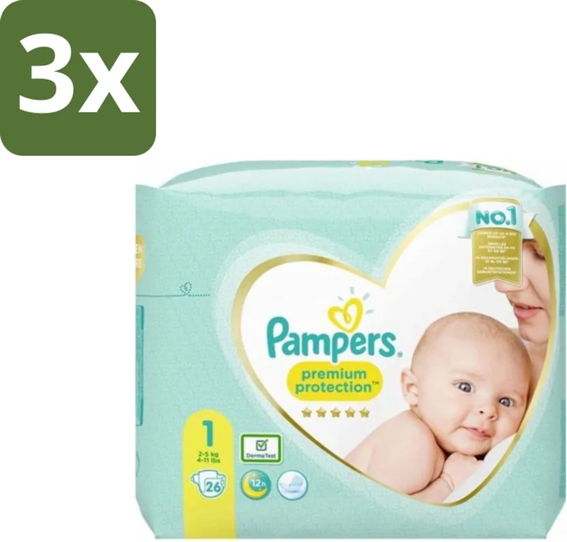 3 x Pampers – Luiers – Premium Protection Maat 1 – 26 Luiers - Luiers Voor Pasgeboren Baby's - Zachte Luier - Navelvriendelijke Luier - Dermatologisch Getest - Superabsorberende Kern de Pampers – photo produit