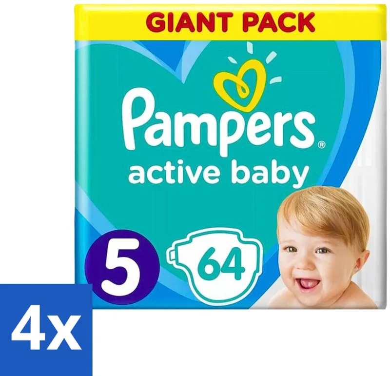 4 x Pampers - Active Baby - Luiers - Maat 5 (11-16 kg) - Zachte Pasvorm - 64 Luiers - Pampers Active Baby - Luiers Maat 5 - Babyluiers - Zachte Pasvorm - Luchtdoorlatende Luiers by Pampers – product photo