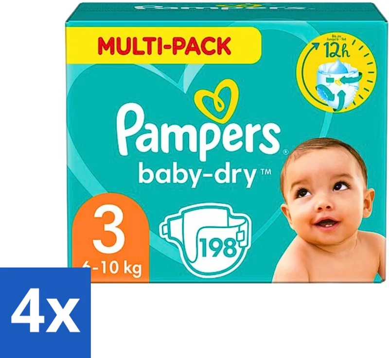 4 x Pampers - Baby-Dry - Luiers - Maat 3 (6-10 kg) - 198 Luiers - Babyluiers - Luiers Maat 3 fra Pampers – produktbillede