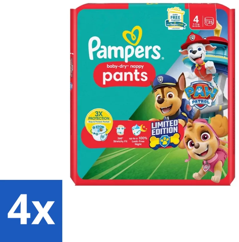 4 x Pampers – Luierbroekjes – Baby Dry Pants Paw Patrol Maat 4 – 25 Luiers - Baby Luier - Luierbroek - Droge Luier - Luier Voor Baby - Luier Broek van Pampers – productfoto