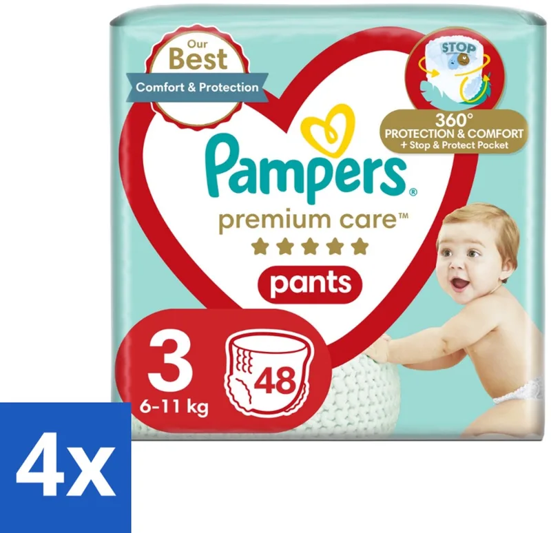 4 x Pampers – Luierbroekjes – Premium Care Pants Maat 3 – 48 Luiers - Luier - Luierbroek - Luier Voor Baby - Luier Voor Kind - Droge Billetjes van Pampers – productfoto