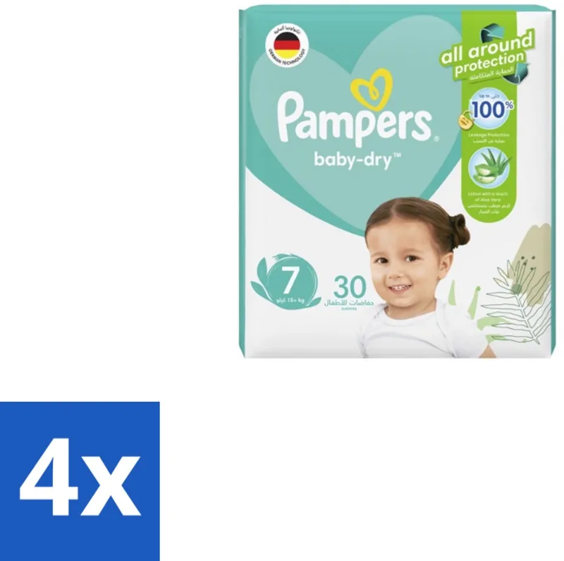 4 x Pampers – Luiers – Active Baby Dry Maat 7 – 30 Luiers - Luiers Voor Baby - Droge Luiers - Comfortabele Luiers - Langdurige Droogheid - Huidbescherming van Pampers – productfoto