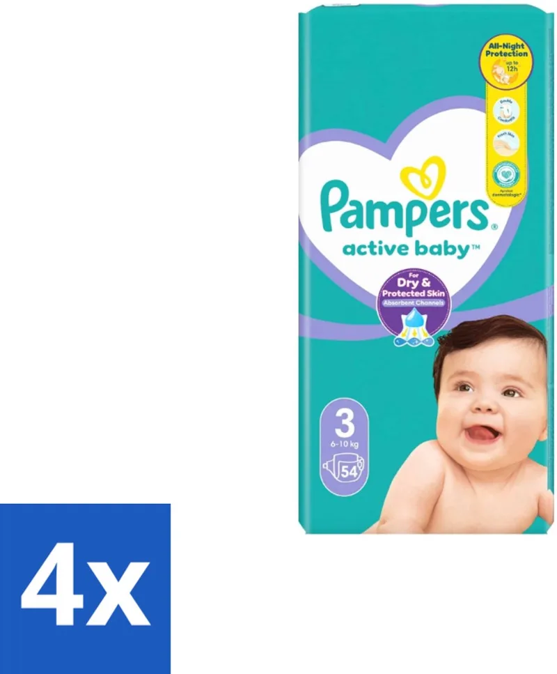 4 x Pampers – Luiers – Active Baby Maat 3 – 54 Luiers - Baby Luiers - Droge Nachten - Vocht Absorberend - Luchtdoorlatend - Huid Bescherming van Pampers – productfoto