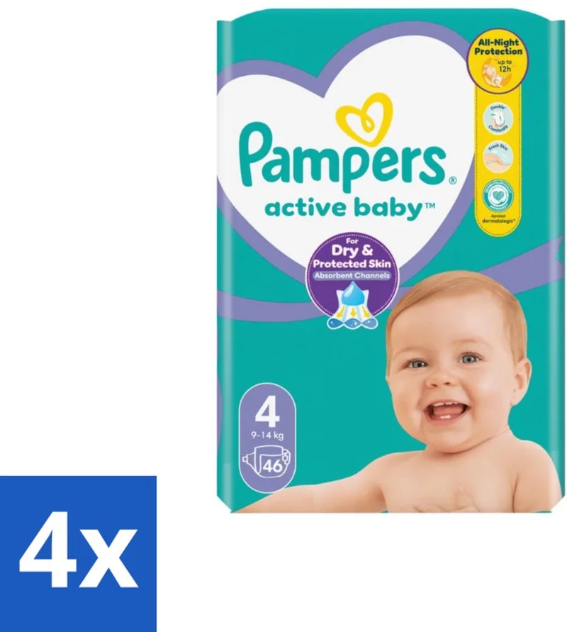 4 x Pampers – Luiers – Active Baby Maat 4 – 46 Luiers - Baby Luier - Baby Droog - Baby Luchtdoorlatend - Baby Comfort - Baby Nacht de Pampers – photo produit