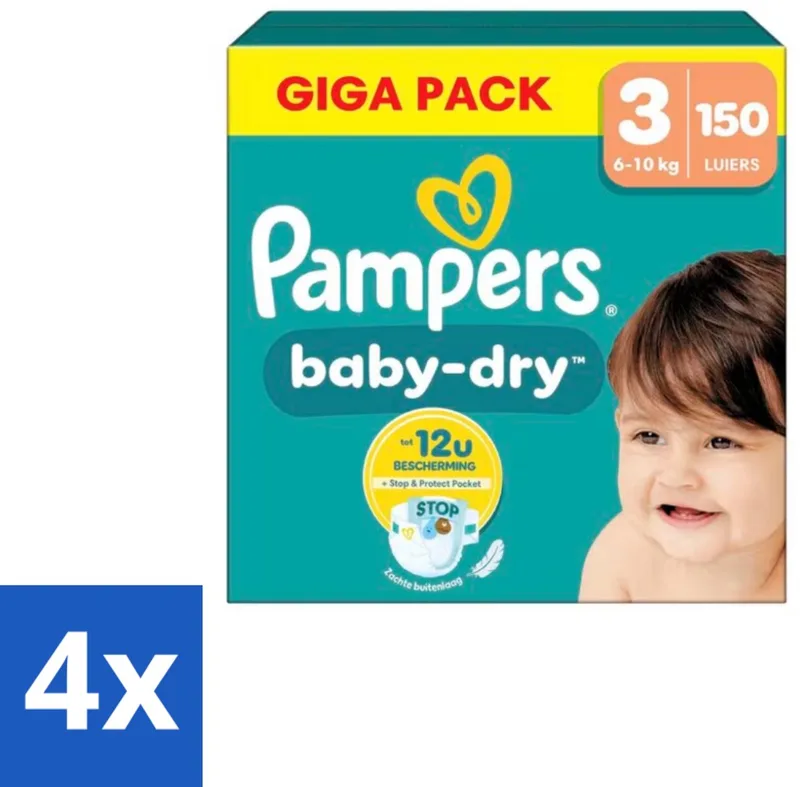 4 x Pampers – Luiers – Baby Dry Maat 3 – 150 Luiers - Baby-dry Luiers - Lekken Voorkomen - Droge Nachten - Comfortabele Luiers - Stop En Bescherm Pocket van Pampers – productfoto