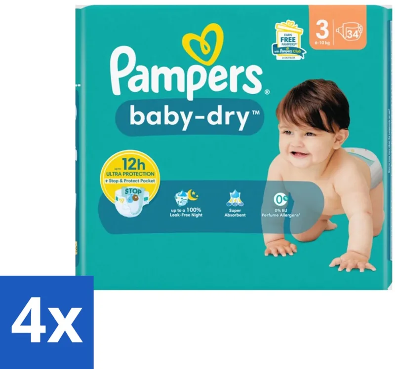 4 x Pampers – Luiers – Baby-Dry Maat 3 (6-10 kg) – 34 Luiers - Babyluier - Babydouche - Droge Luier - Luier Voor Baby - Luier 3 Kg by Pampers – product photo