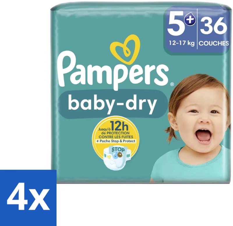 4 x Pampers – Luiers – Baby-Dry Maat 5+ (12-17 kg) – 36 Luiers - Baby-luiers - Droge Huid - Droge Luiers - Baby Droogheid - Droge Luier van Pampers – productfoto