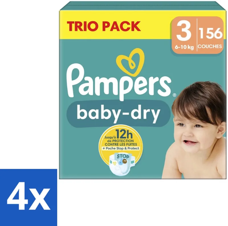 4 x Pampers – Luiers – Baby-Dry Trio Pack Maat 3 (6-10 kg) – 156 Luiers - Baby Luiers - Droge Luiers - Anti-lek Luiers - Baby Droogheid - Nachtluier van Pampers – productfoto