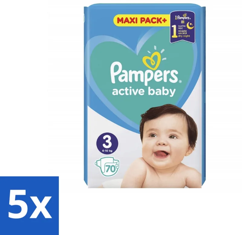 5 x Pampers – Luiers – Active Baby Maat 3 – 70 Luiers - Baby-luiers - Droge Billetjes - Huidbescherming - Luchtdoorlatende Luiers - Absorberende Luiers de Pampers – photo produit