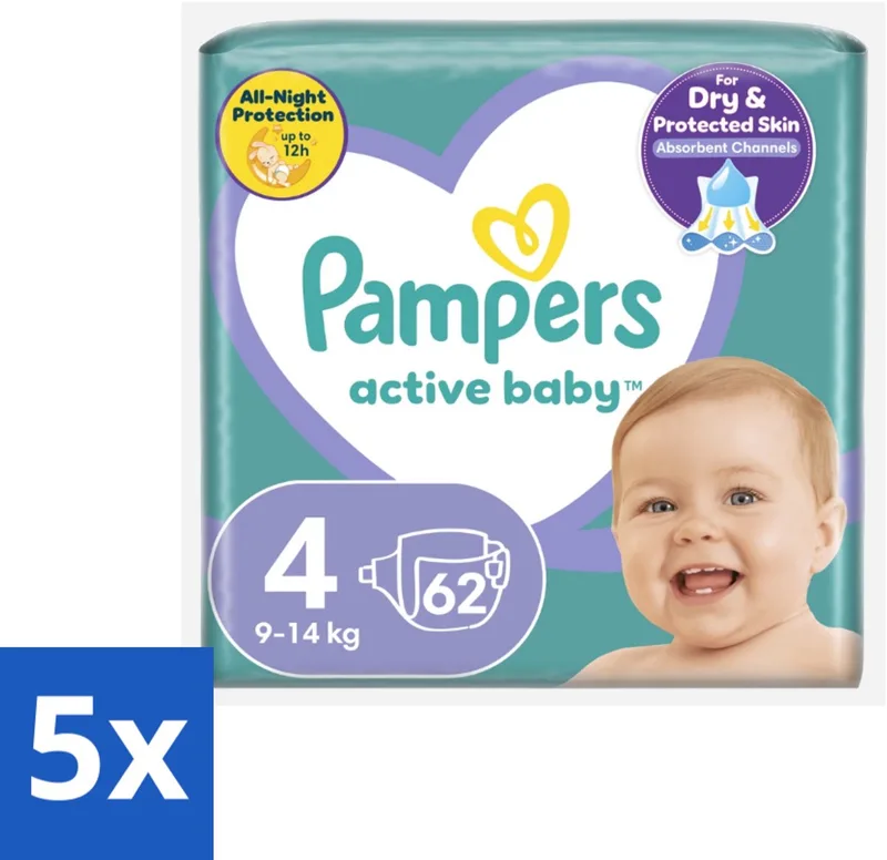 5 x Pampers – Luiers – Active Baby Maat 4 (9-14 kg) – 62 Luiers - Luiers Voor Baby - Droge Luiers - Superabsorberende Luiers - Anti-lek Luiers - Zachte Luiers de Pampers – photo produit