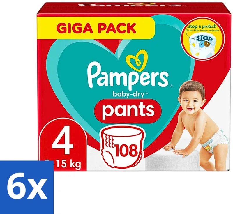 6 x Pampers - Baby-Dry Pants - Luierbroekjes - Maat 4 (9-15 kg) - Comfort Fit - 108 Luiers - Pampers Luierbroekjes - Baby Luier - Luier Maat 4 - Luierbroekjes 9-15 Kg - Luierbroekjes Comfort Fit van Pampers – productfoto