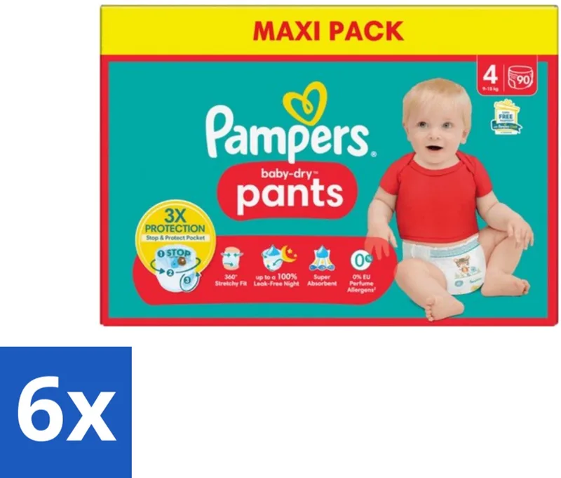 6 x Pampers - Baby-Dry Pants - Luierbroekjes - Maat 4 (9-15 kg) - Extra Droog - 90 Luiers by Pampers – product photo