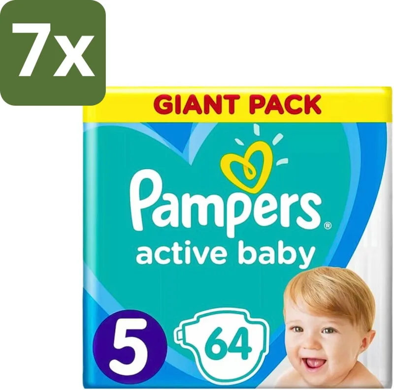 7 x Pampers - Active Baby - Luiers - Maat 5 (11-16 kg) - Zachte Pasvorm - 64 Luiers - Luiers Voor Baby - Droge Huid - Luchtdoorlatende Banen - Absoluut Droge Nacht - Dermatologisch Getest van Pampers – productfoto