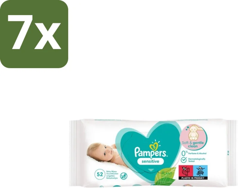 7 x Pampers – Babydoekjes – Sensitive – 52 Doekjes - Babydoekjes - Gevoelige Huid - Pasgeboren Baby - Zachte Reiniging - Soft Grip Texture by Pampers – product photo
