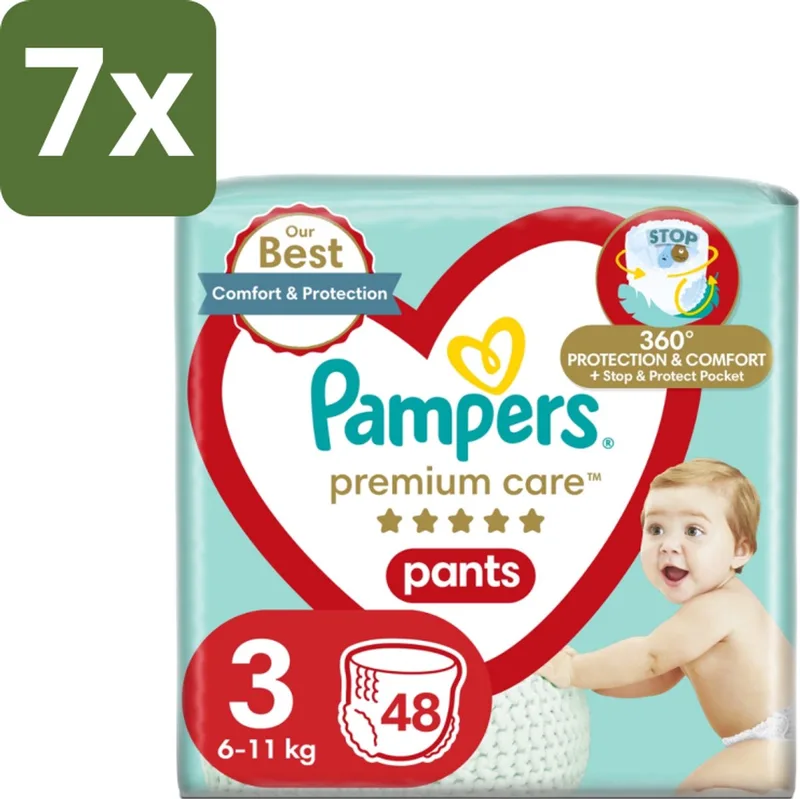 7 x Pampers – Luierbroekjes – Premium Care Pants Maat 3 – 48 Luiers - Luier - Luierbroek - Luier Voor Baby - Luier Voor Kind - Droge Billetjes van Pampers – productfoto