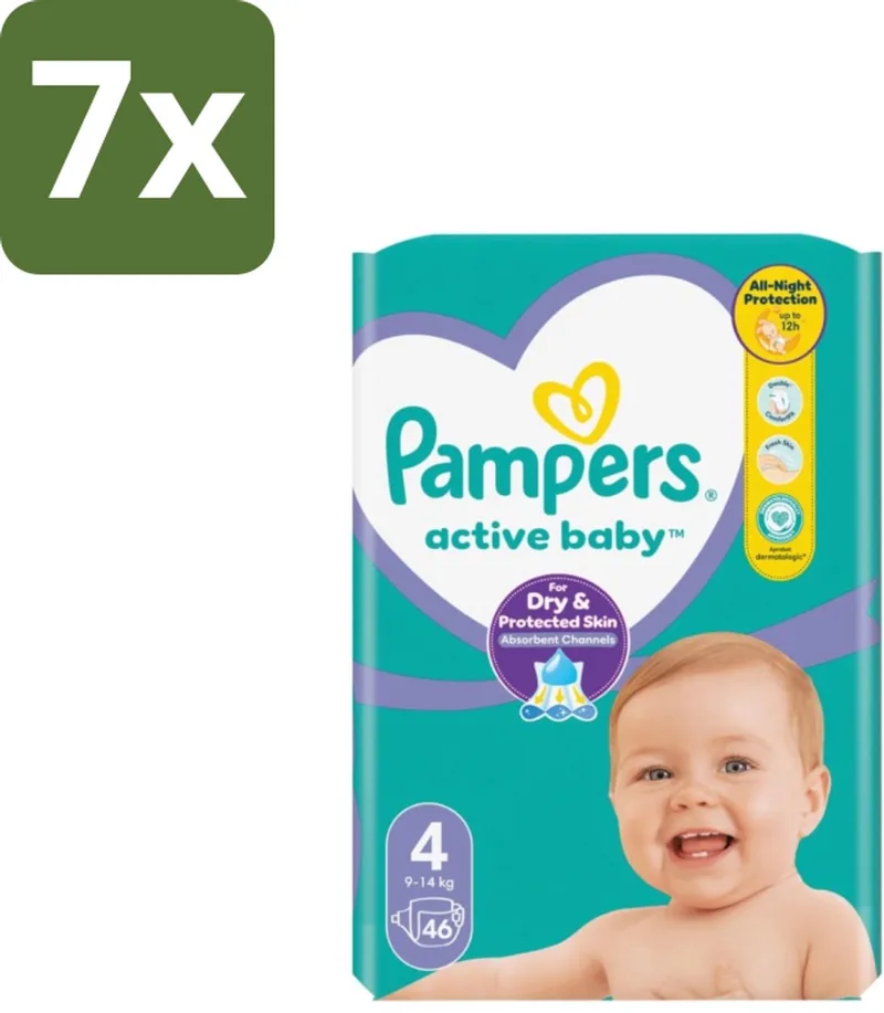 7 x Pampers – Luiers – Active Baby Maat 4 – 46 Luiers - Baby Luier - Baby Droog - Baby Comfort - Baby Nacht - Baby Huid van Pampers – productfoto