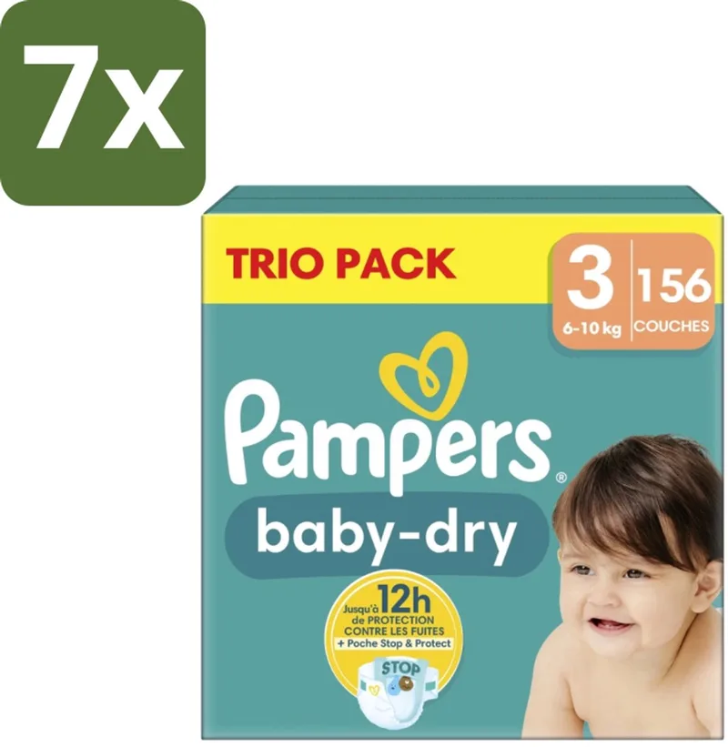 7 x Pampers – Luiers – Baby-Dry Trio Pack Maat 3 (6-10 kg) – 156 Luiers - Baby Luiers - Droge Luiers - Anti-lek Luiers - Baby Droogheid - Nachtluier van Pampers – productfoto