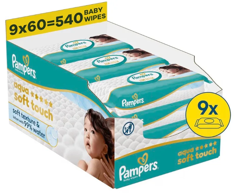 Aqua Soft Touch Babydoekjes - 9 x 60= 540 Billendoekjes de Pampers – photo produit