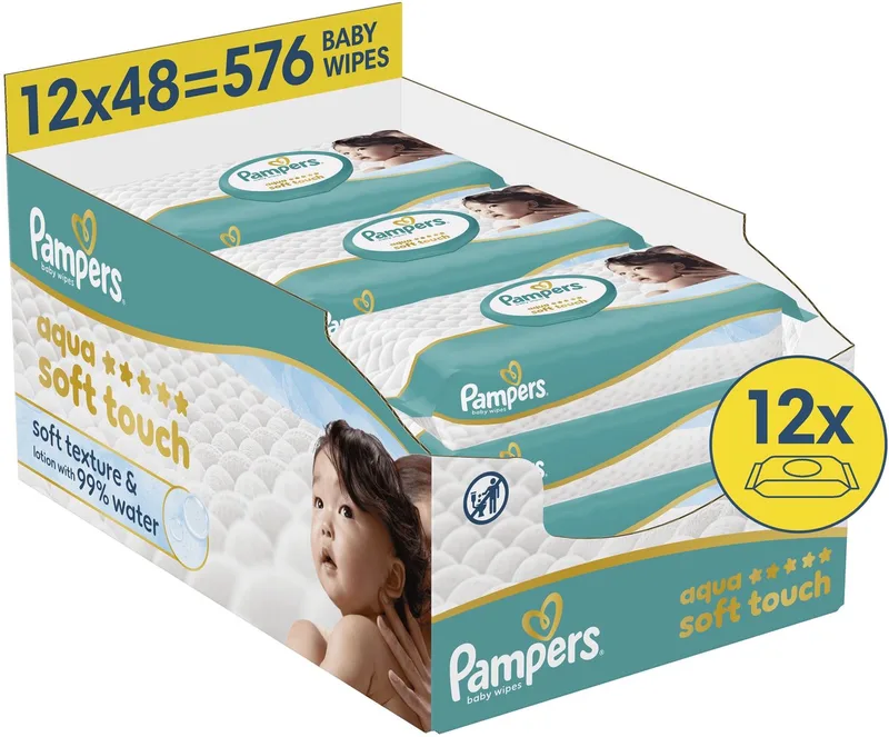 Aqua Soft Touch - Billendoekjes - Zachte Textuur & Lotion Met 99% Water - 12 Verpakkingen van 48 Doekjes = 576 Babydoekjes (vervanger Pampers Harmonie Aqua babydoekjes) de Pampers – photo produit