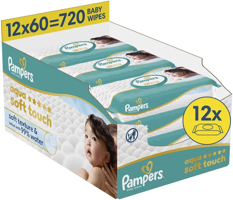 Aqua Soft Touch - Billendoekjes - Zachte Textuur & Lotion Met 99% Water - 12 Verpakkingen van 60 Doekjes = 720 Babydoekjes (vervanger Pampers Harmonie Aqua babydoekjes) de Pampers – photo produit