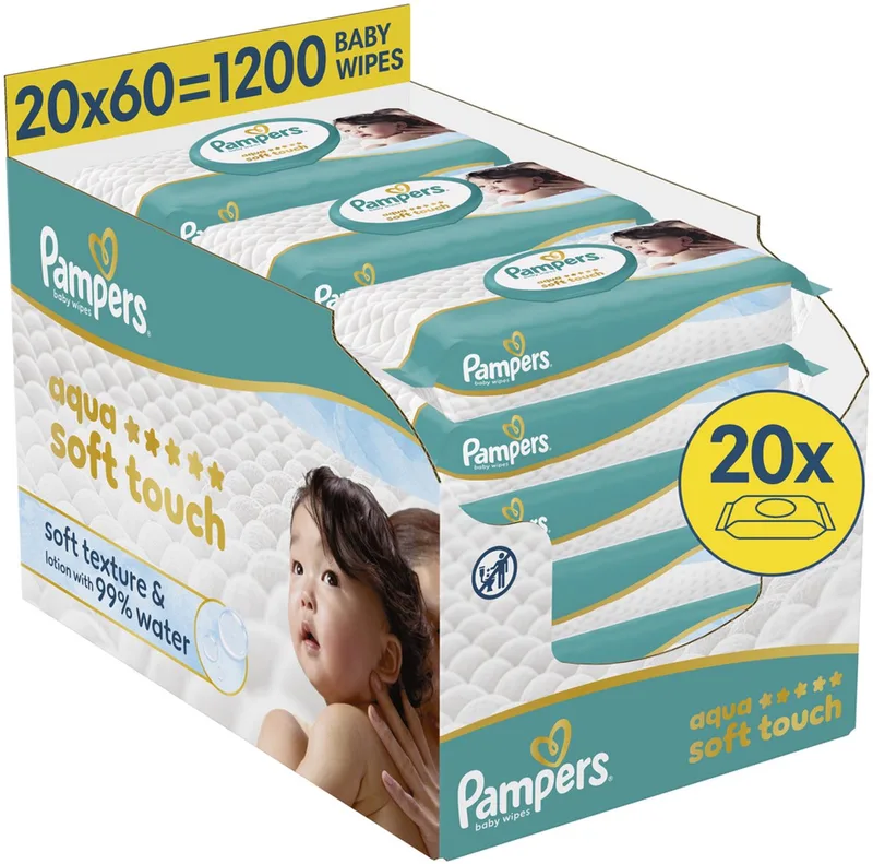 Aqua Soft Touch - Billendoekjes - Zachte Textuur & Lotion Met 99% Water - 20 Verpakkingen van 60 Doekjes = 1200 Babydoekjes (vervanger Pampers Harmonie Aqua babydoekjes) by Pampers – product photo