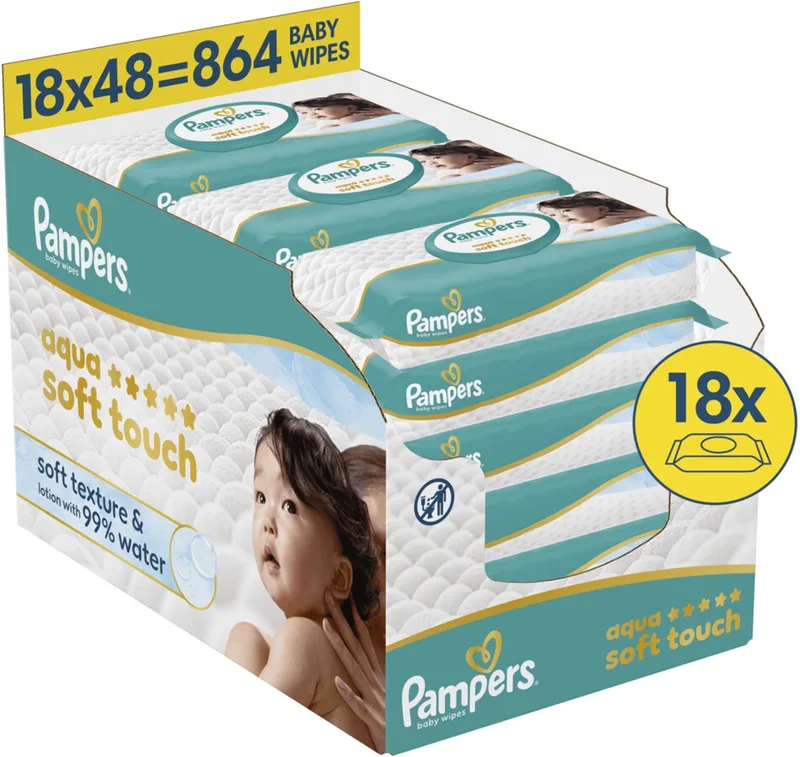 Aqua Soft Touch Billendoekjes - Zachte Textuur & Lotion Met 99% Water - 18 Verpakkingen van 48 Doekjes = 864 Babydoekjes (vervanger Pampers Harmonie Aqua babydoekjes) by Pampers – product photo