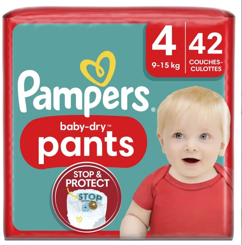 Baby Dry Luierbroekjes Maat 4 – 42 stuks (9-15 kg) – Stop & Protect & 360° Pasvorm van Pampers – productfoto