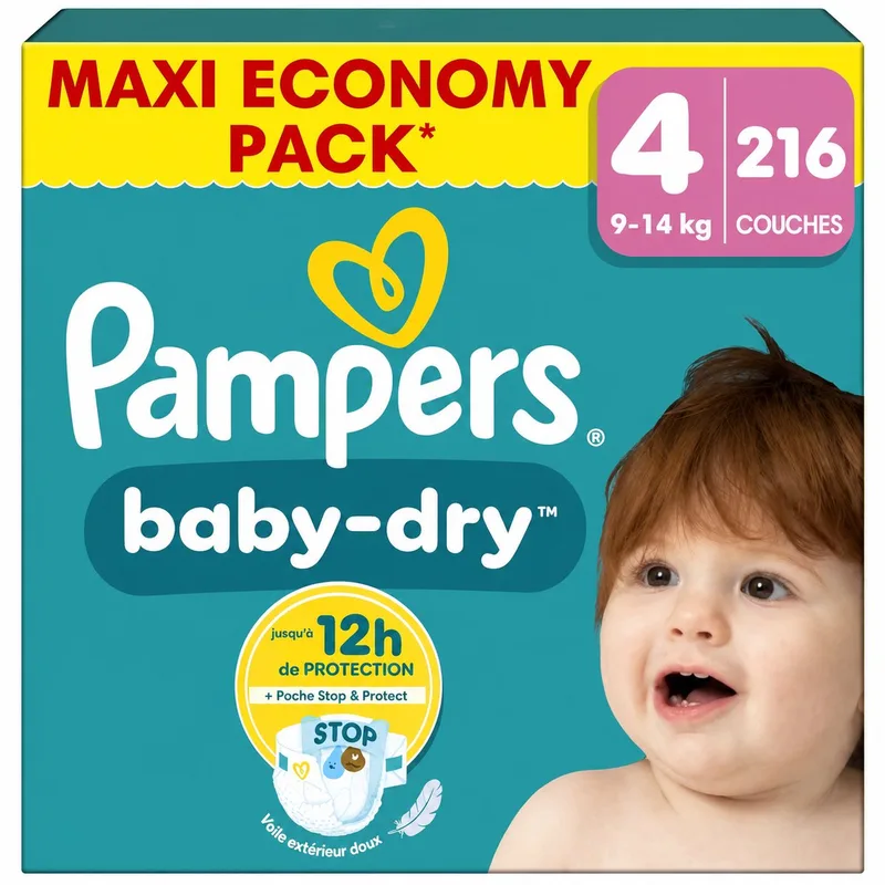 Baby Dry Luiers Maat 4 (9-14kg) 216 stuks de Pampers – photo produit