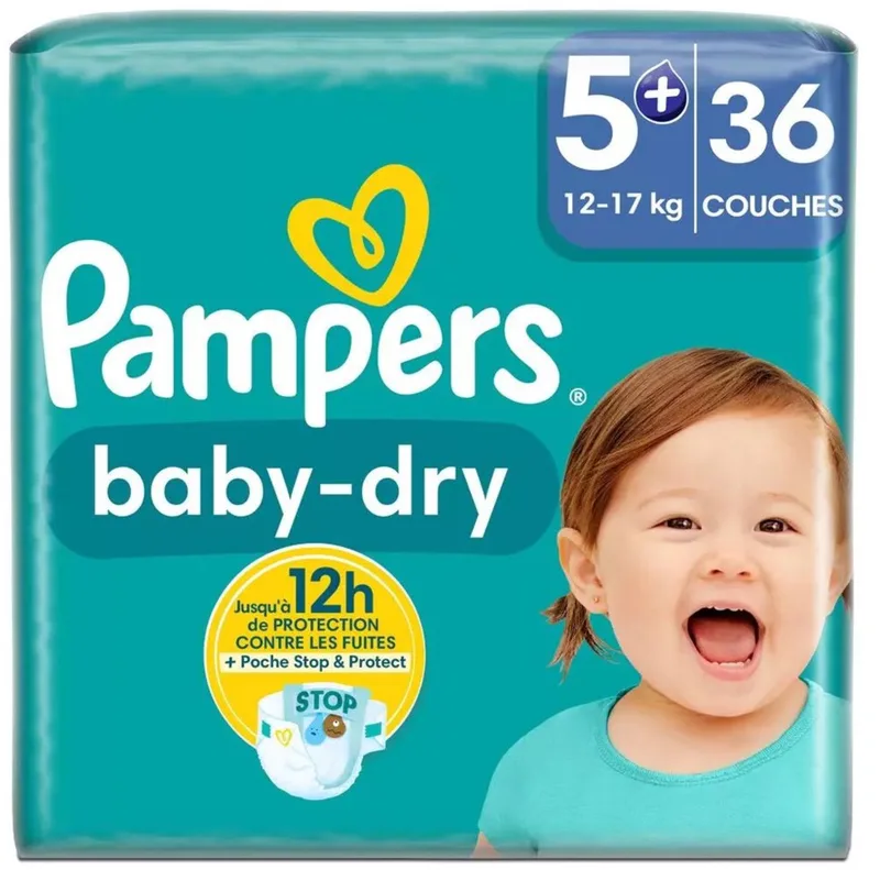 Baby-Dry luiers - Maat 5+ - 36 luiers (12-17 KG) de Pampers – photo produit