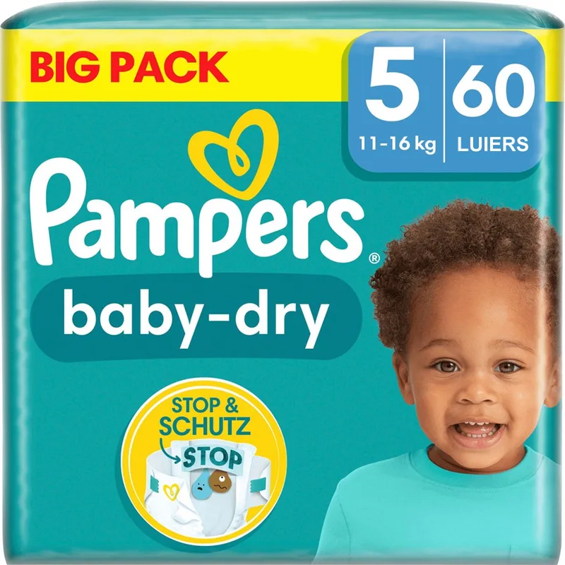 Baby-Dry Luiers – Maat 5 – 60 stuks – Tot 12 uur bescherming – Voor kindjes van 11-16 kg de Pampers – photo produit