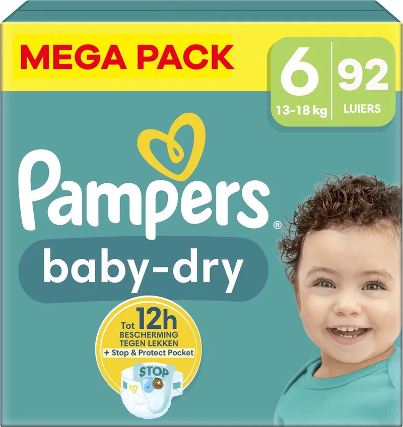 Baby-Dry luiers - Maat 6 (13-18 kg) - 92 stuks - Unieke extra laag - Absorberende kern - Dubbele beschermrandjes (Tot maat 5+) van Pampers – productfoto