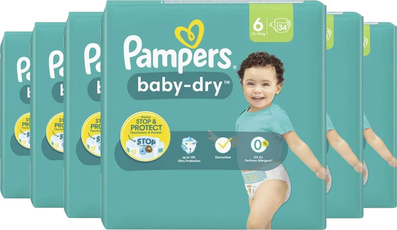 Baby-Dry luiers - Maat 6 (13-18kg) - 204 stuks (6 x 34 luiers) van Pampers – productfoto