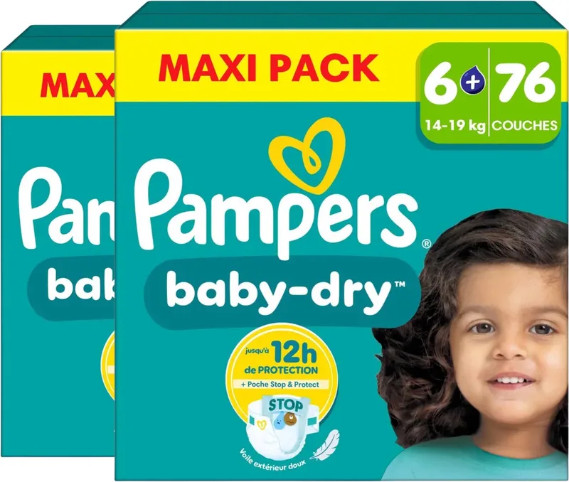 Baby-Dry luiers - Maat 6+ (14-19 kg) - 152 stuks (2 x 76) - Stop & Protect by Pampers – product photo