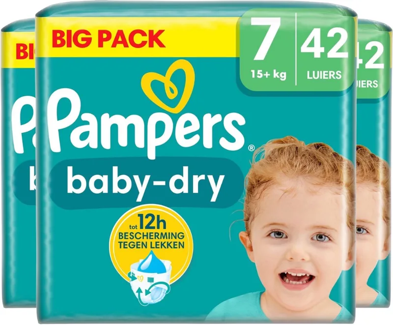 Baby-Dry luiers - Maat 7 (15+kg) - 126 stuks (= 3 x 42 luiers) fra Pampers – produktbillede