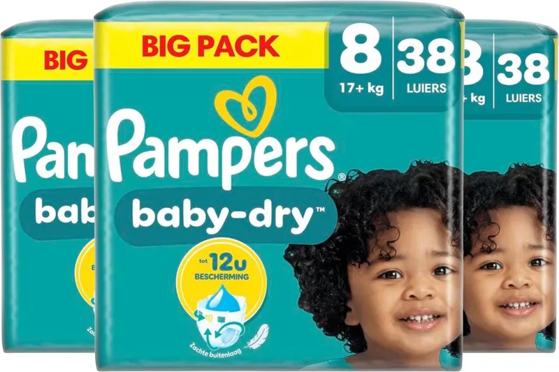 Baby-Dry luiers - Maat 8 - 114 luiers (17+ KG) - 3 x 38 stuks - Unieke extra laag - Absorberende kern - Flexibele zijkanten van Pampers – productfoto