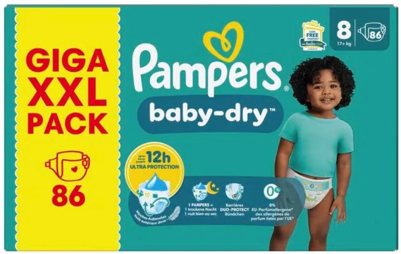 Baby-Dry luiers - Maat 8 - 86 luiers (17+ KG) - Unieke extra laag - Absorberende kern - Flexibele zijkanten van Pampers – productfoto