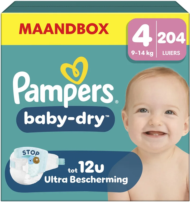 Baby-Dry Maat 4 - 204 Luiers - 9kg-14kg - Maandbox de Pampers – photo produit