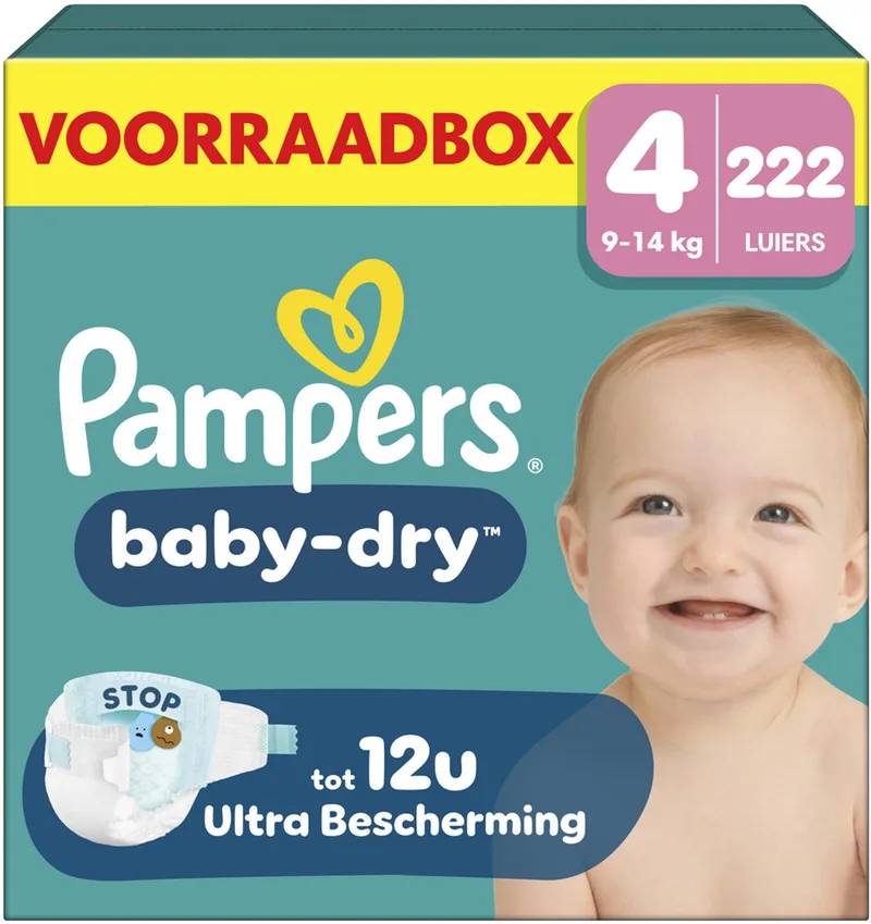 Baby-Dry Maat 4 - 222 Luiers - 9kg-14kg - Voorraadbox de Pampers – photo produit
